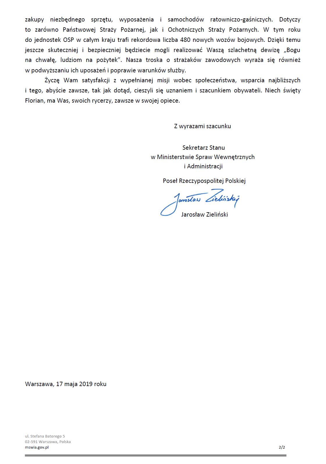 List Pana Ministra Jarosława Zielińskiego przygotowany z okazji Wojewódzkich Obchodów Dnia Strażaka w Wadowicach cz. II